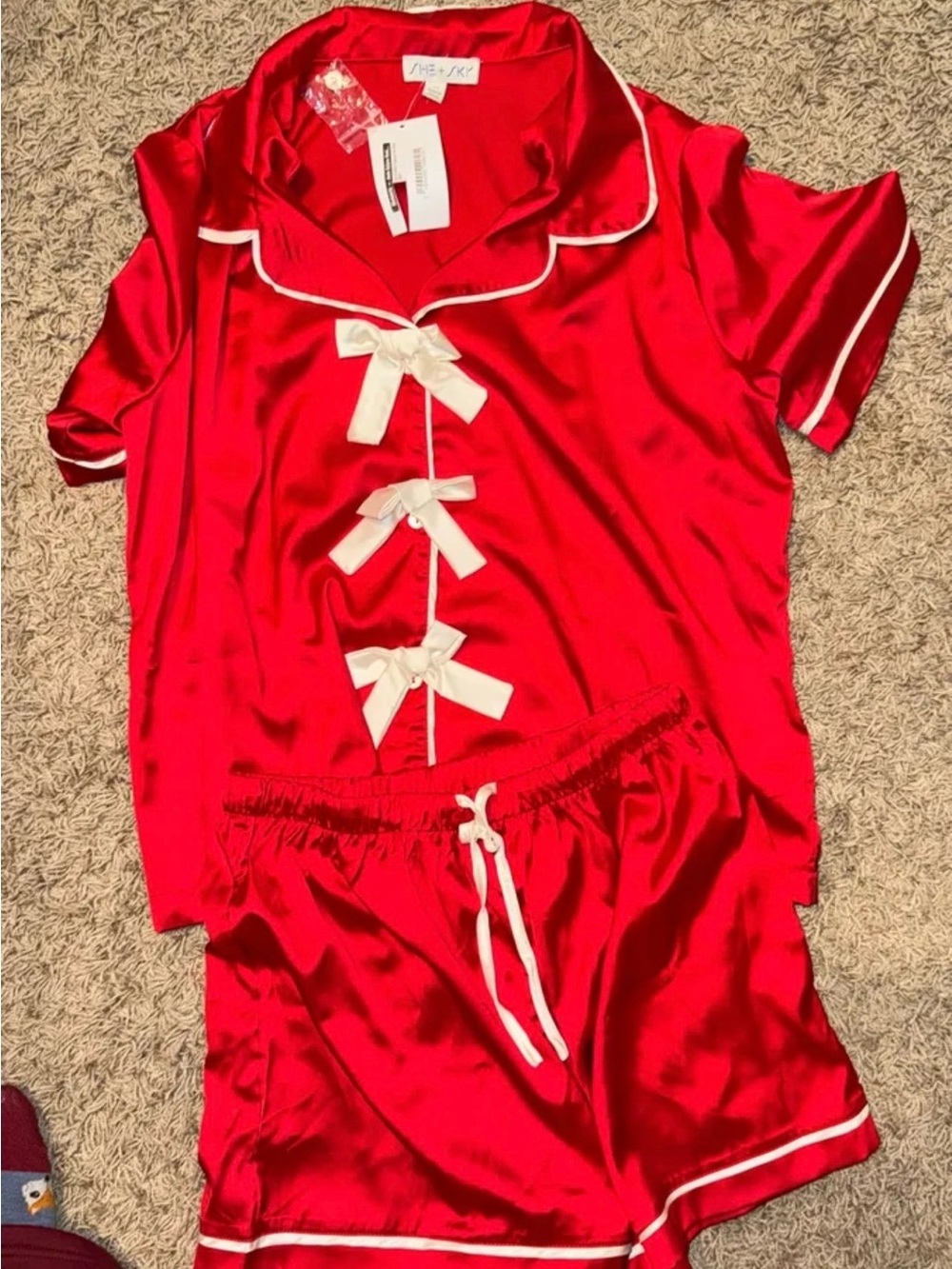 She + Sky Red Satin Short Pajama Set with White Bows - Picture 2 of 3